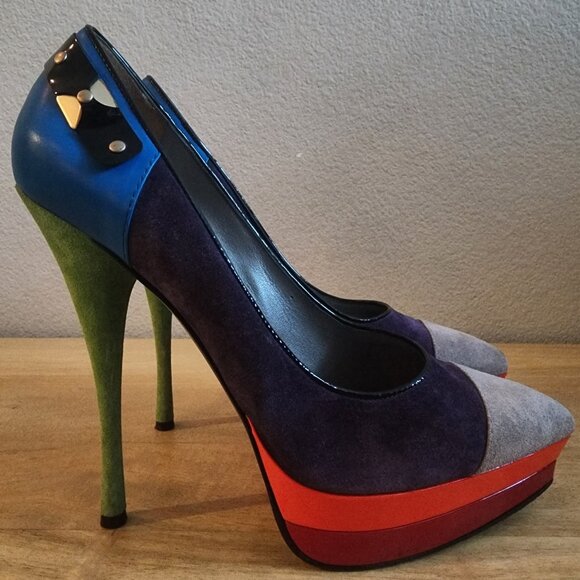 Versace Shoes - Versace Shoes Womens Size 40.5 Multicolor Suede Leather Platform High Heel Italy
